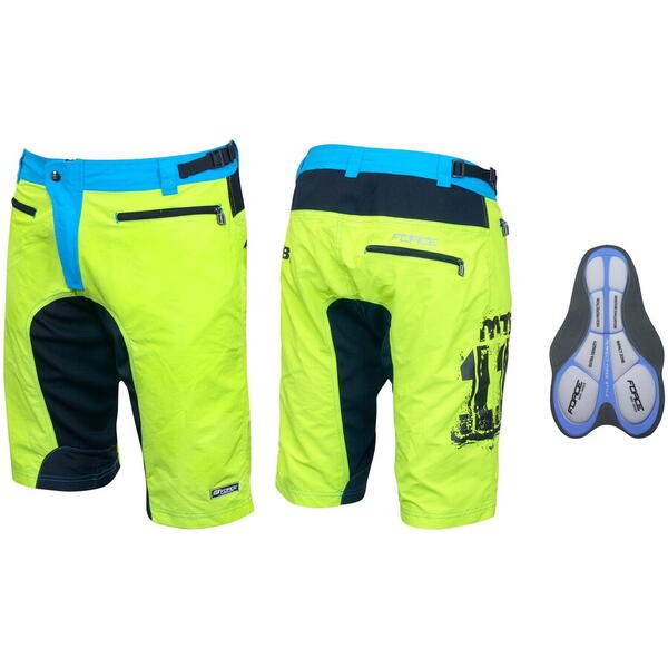 Pantaloni scurti Force MTB-11, bazon detasabil, Galben Fluo/Bleu/Negru, XXL